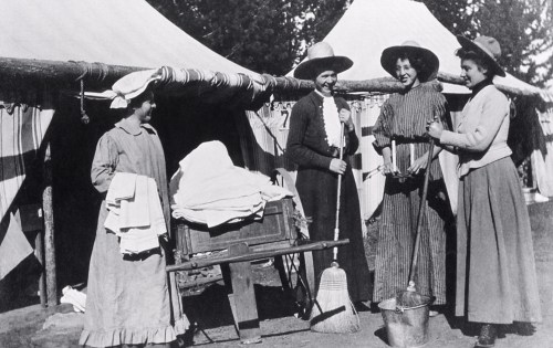 Wylie camp maids with brooms; Photographer unknown; Around 1908